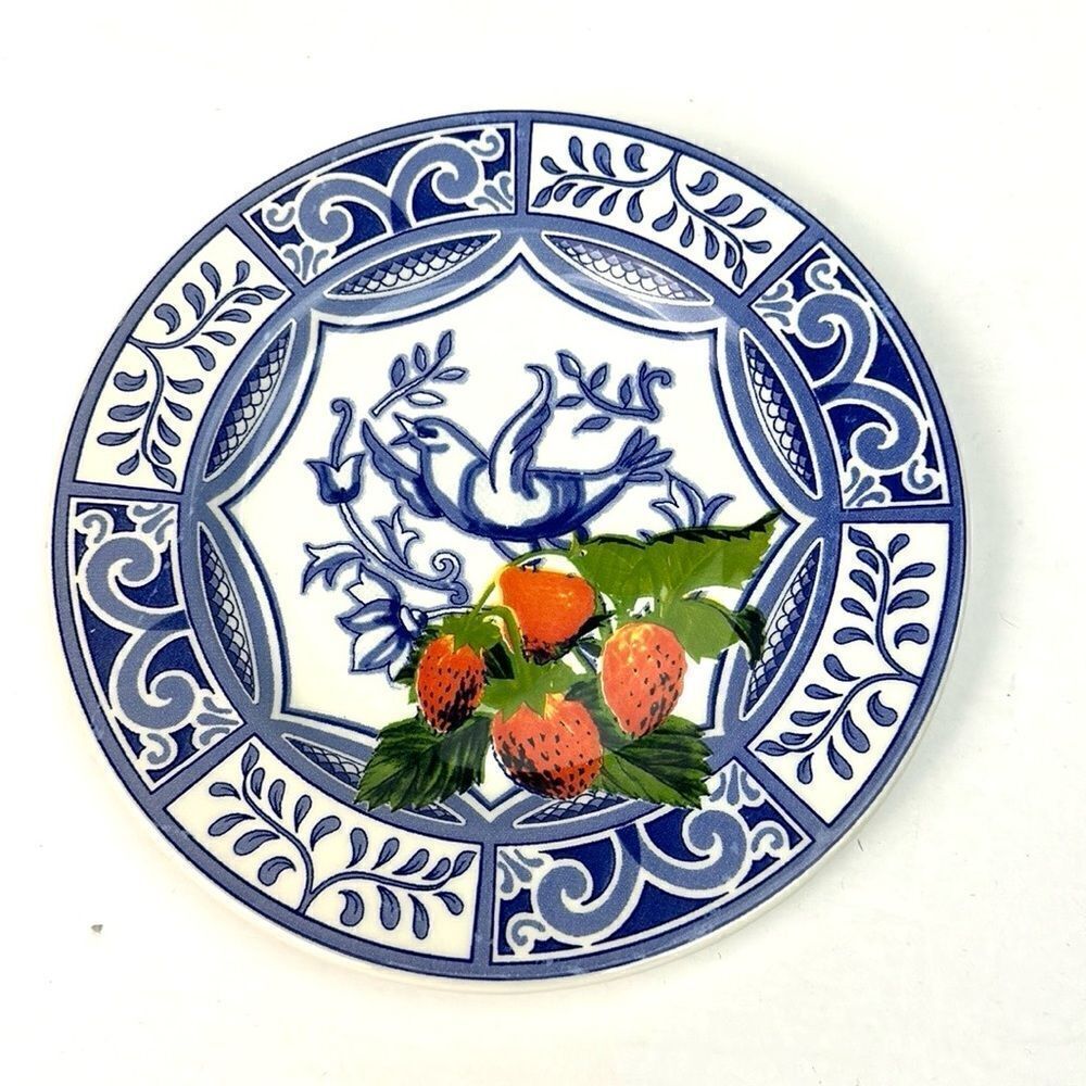 Blue Bird Ceramic Salad Plate Blue & White With Strawberries 7 ¾" Made in Italy